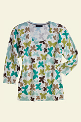 Lands' End Women's 3/4-sleeve Butterfly Print Fine Gauge Cotton Scoopneck Sweater