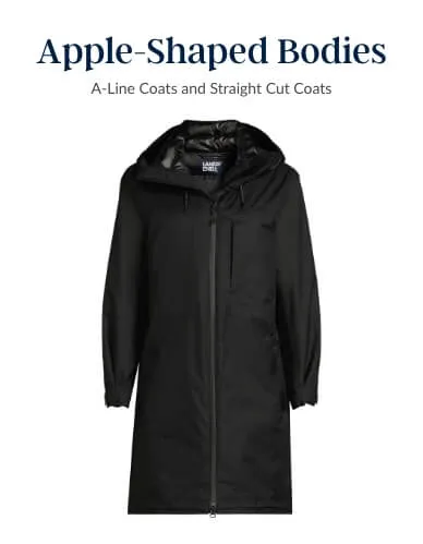 Women's black 3-in-1 insulated parka for apple-shaped bodies.