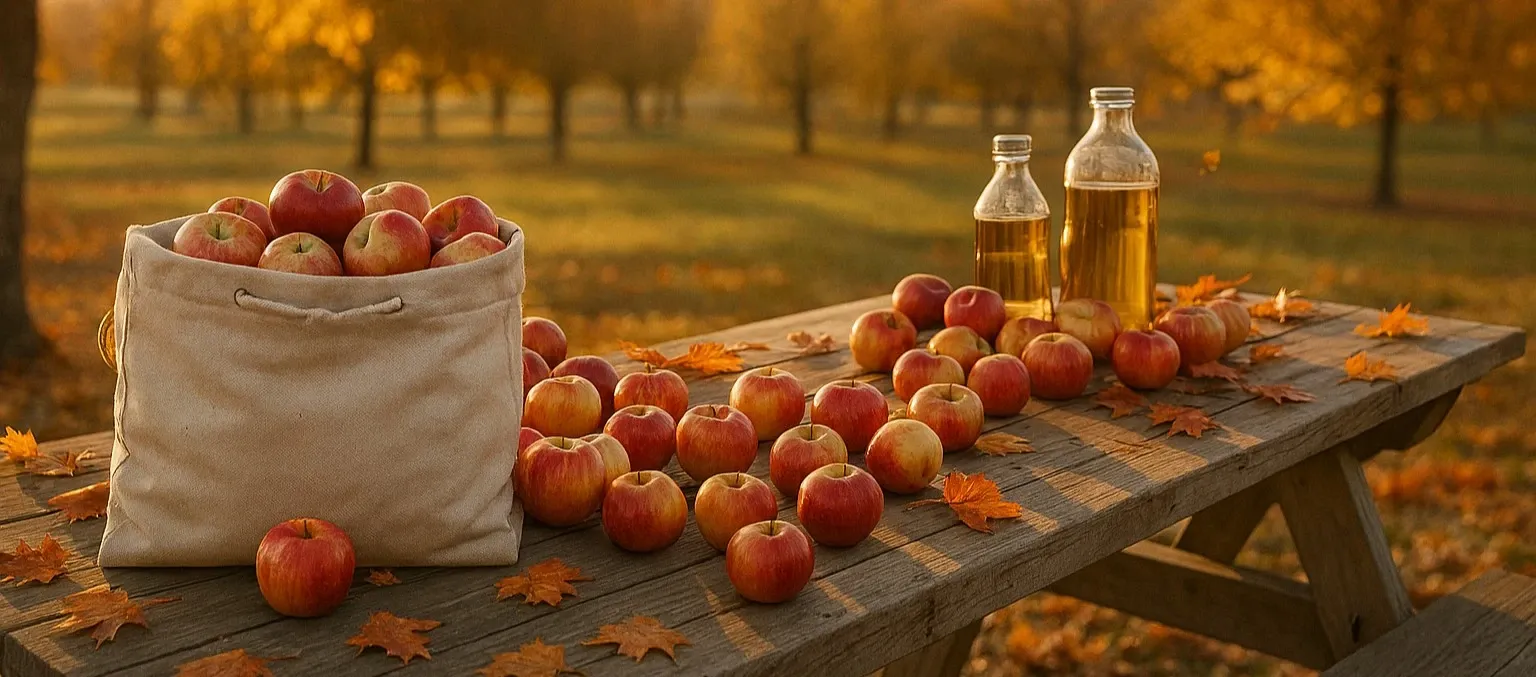 A picnic table situated in an apple orchard, a canvas tote bag filled with apples and two jugs of cider.