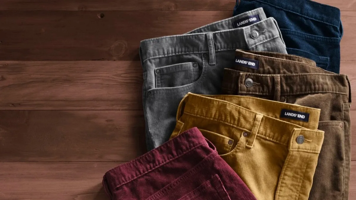 Five colors of Lands' End men's corduroy pants.