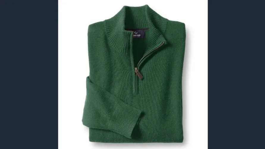 Green quarter-zip sweater.