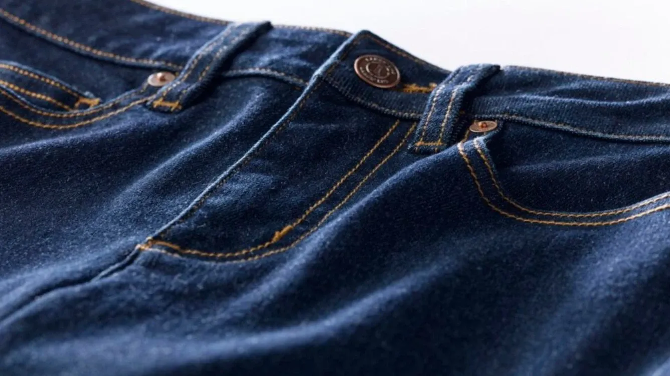 Lands' End blue jeans close-up; top button, fly and rivets.