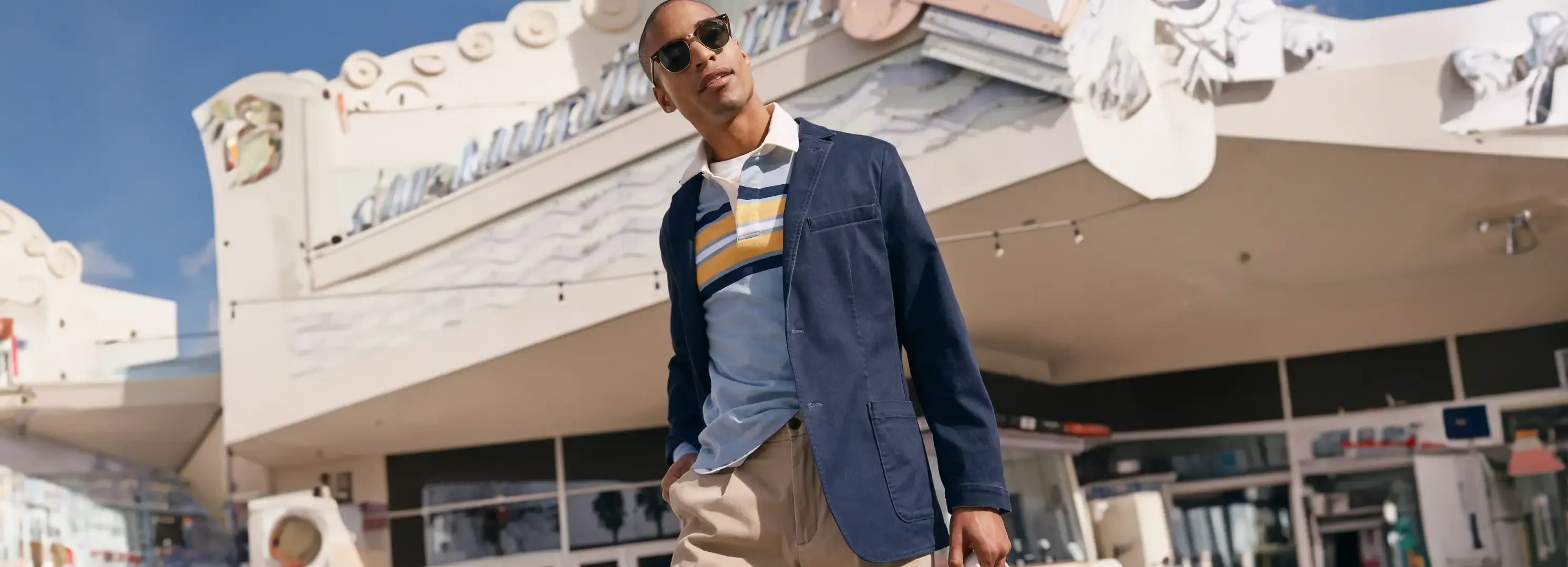 Man in a Lands' End navy blazer and striped shirt with sunglasses