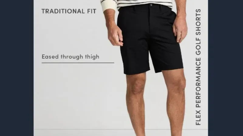 Men's traditional fit flex performance golf shorts.