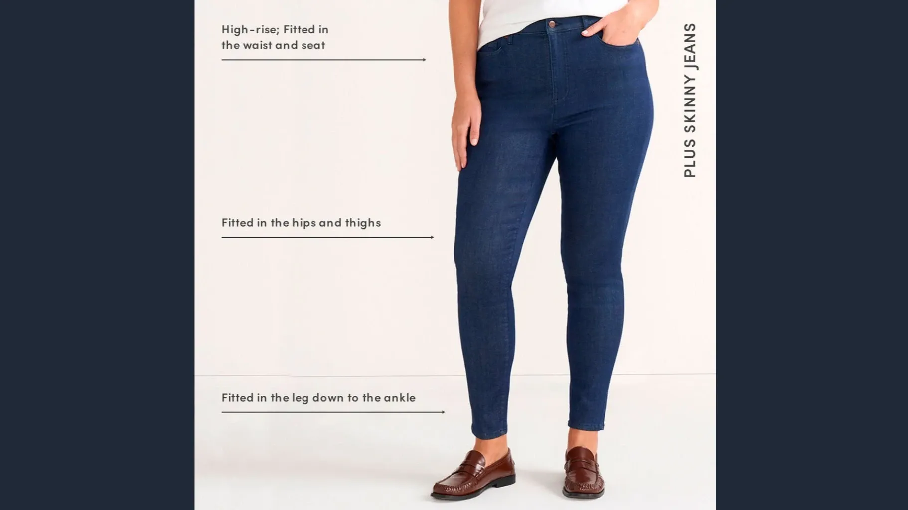 Woman wearing plus size skinny jeans.