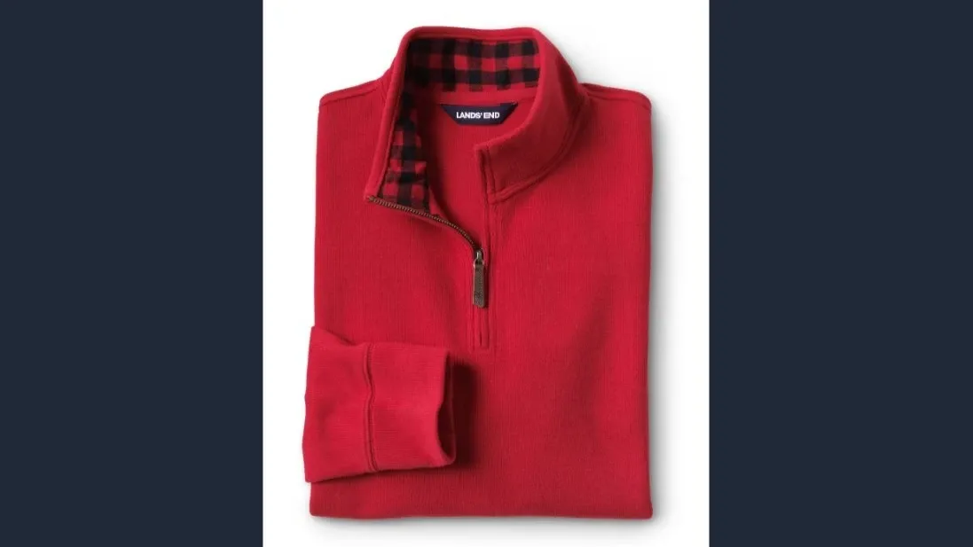 Red quarter zip sweatshirt.