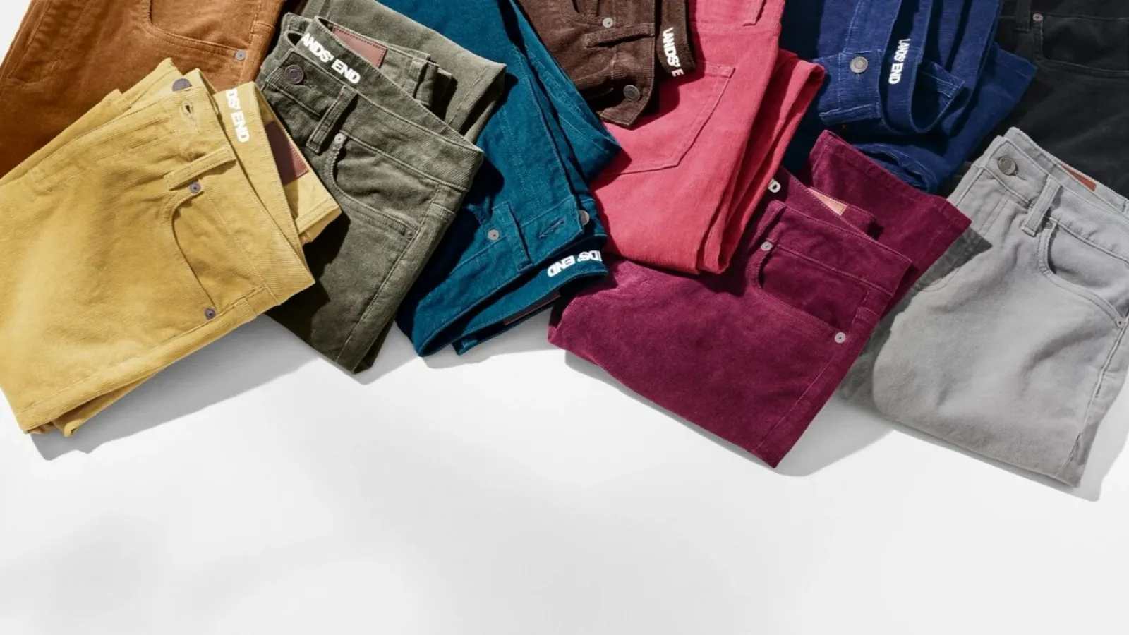 Ten assorted colors of Lands' End corduroy pants.