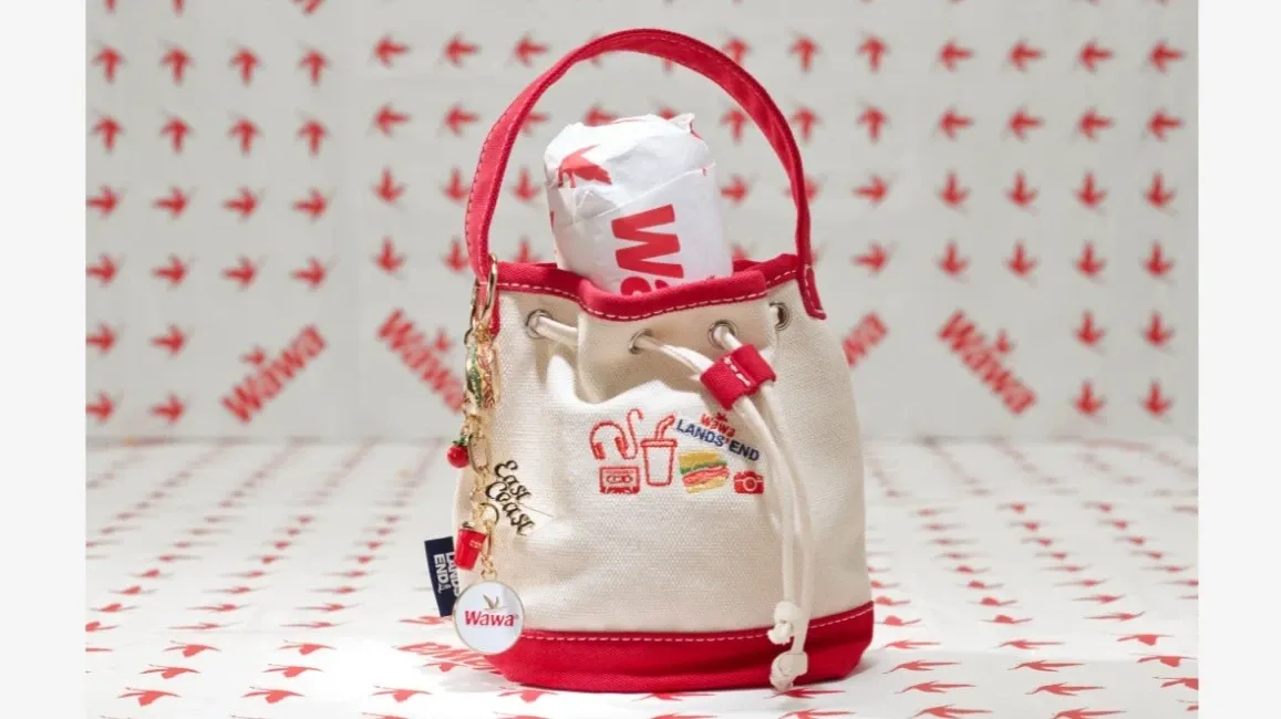Wawa hoagie inside a Wawa x Lands' End Shorti Tote with Shorti Charm.