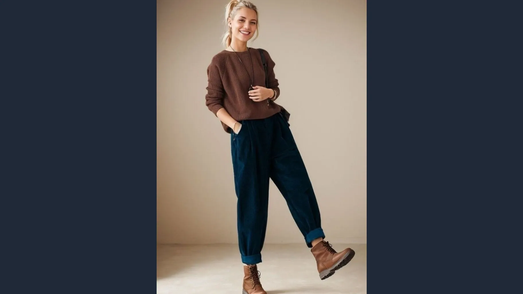 Woman wearing a brown sweater with navy blue corduroy pants and brown leather boots.