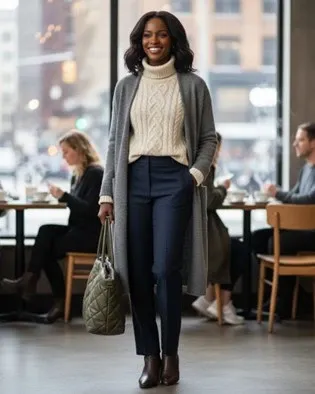 Woman wearing a gray shawl over a cream-colored cable knit turtleneck sweater and navy-blue pants, brown leather ankle boots, carrying a gray purse.