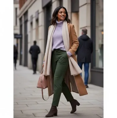 Woman wearing a tan trench coat and scarf over a lavender turtleneck sweater and green tapered pants, wearing brown boots with heels and carrying a light pink purse.