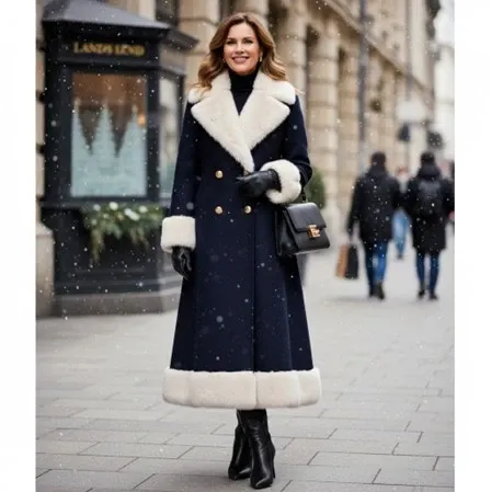 Woman wearing a long blue coat with white furry accents; black leather gloves and boots, carrying a black leather purse.