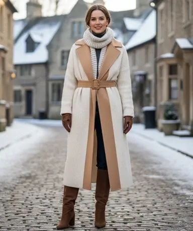Woman wearing a long white coat with tan accents and belt cinched at the waist, a light colored scarf around her neck, brown leather gloves and knee-high brown boots standing on an urban brick road.