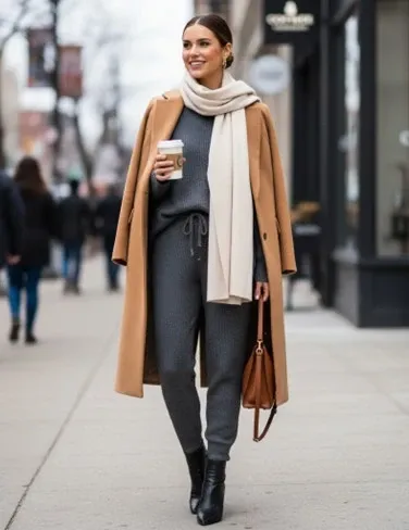 Woman wearing a tan wool trench coat over a matching gray sweater and pants, a beige scarf around her neck, black boots, carrying a coffee cup and purse walking on a sidewalk.