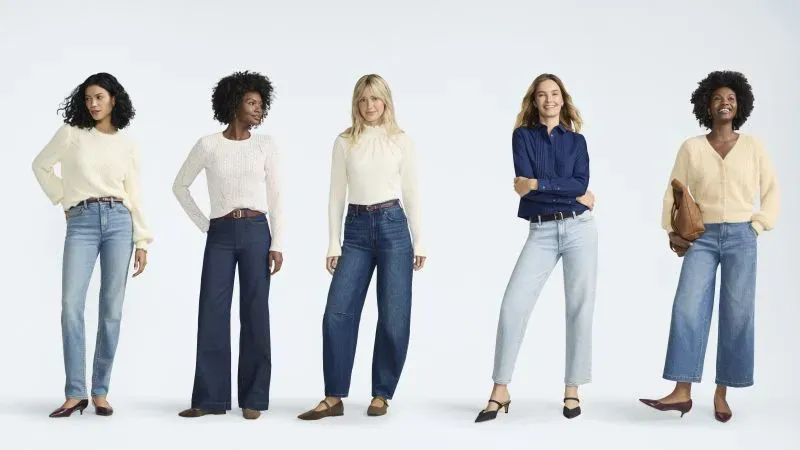 Five women dressed in Lands' End sweaters, shirts, jeans, belts and shoes.