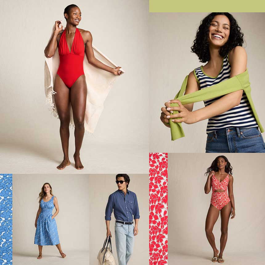 People wearing shirts, pants, swimsuits and dresses