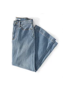 A pair of white and blue striped pants.