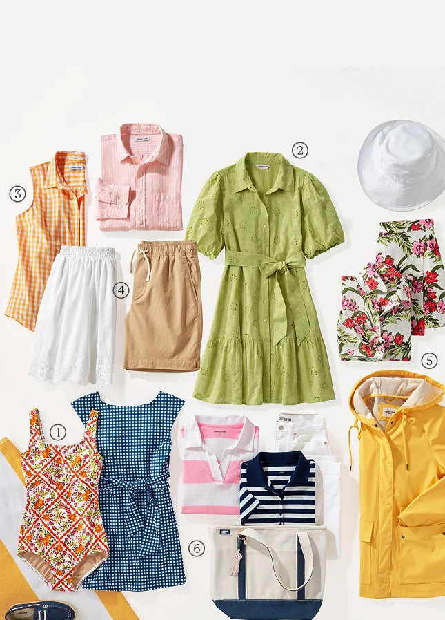 A laydown selection of swimsuits, dresses, tops, bottom, outerwear, totes, and accessories.