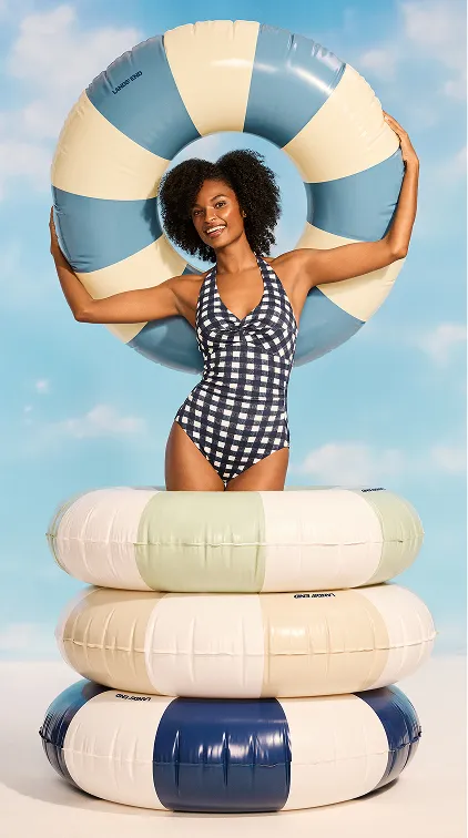 A woman wearing a black and white checkered one-piece swimsuit stands inside a stack of inflatable swim tubes.