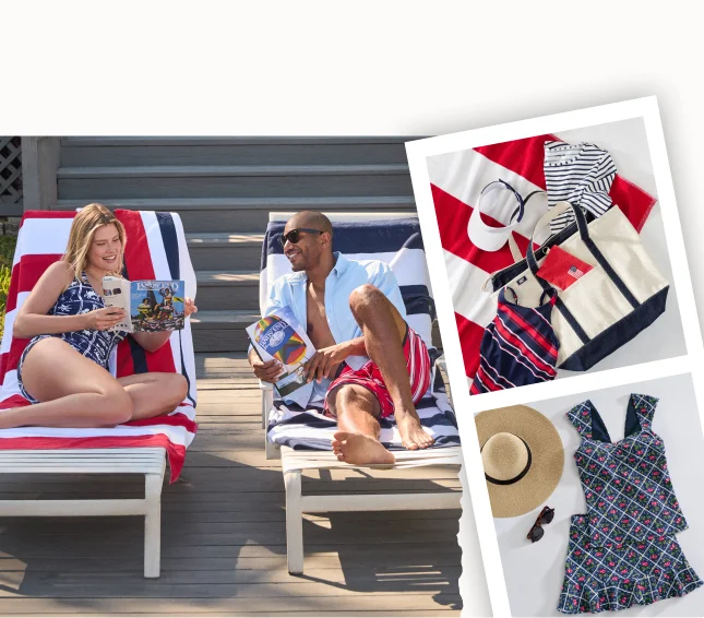 A man and a woman wearing swimsuits while laying on tanning chairs.