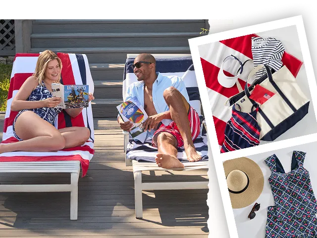 A man and a woman laying on tanning chairs with a caption above them: All-American, all-analog, the way you remember it