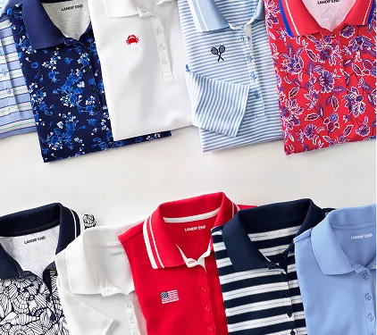 A laydown of several different polos, dress shirts, and tee shirts in different colors and patterns.