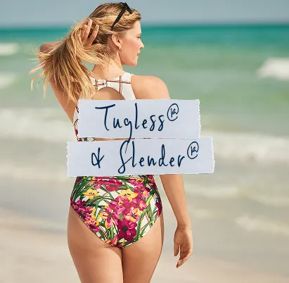 Torn paper that is labeled: Tugless&reg; & Slender&reg;. A woman wearing a floral pattern swimsuit.