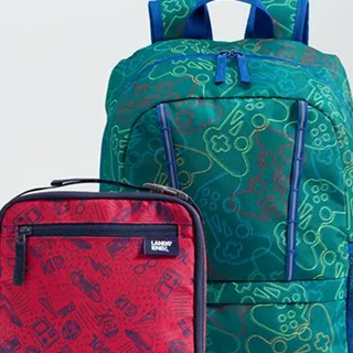 A green backpack and a red lunch box.