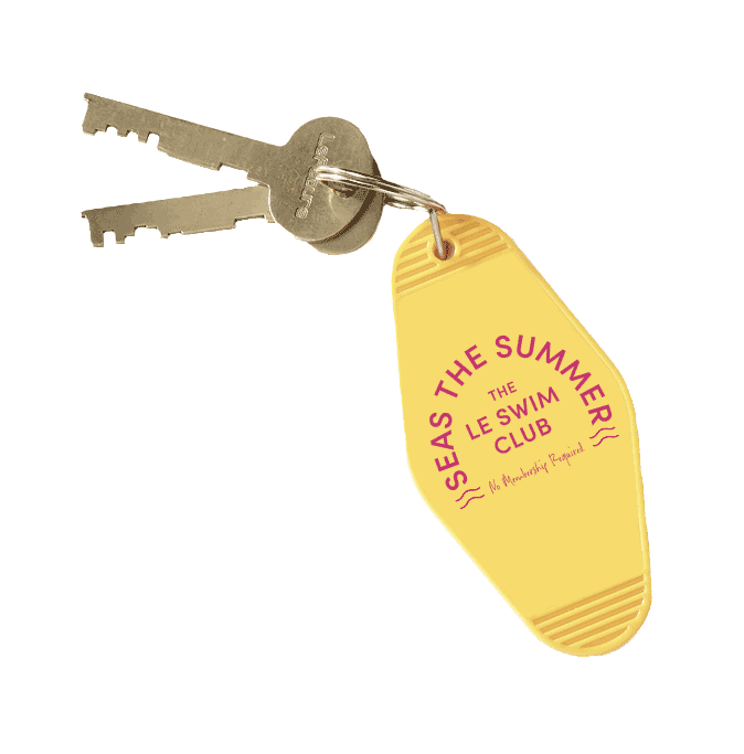 Keys animating to jingle with a fab that says: Seas the Summer - The LE Swim Club. No Membership Required.