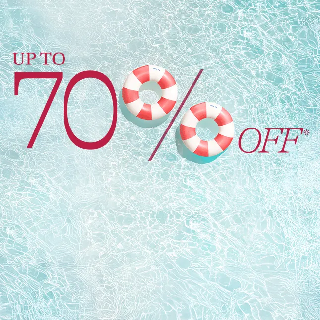 A background of water with a message: Up to 70% off*