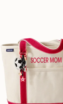 Canvas tote with a monogram that reads SOCCER MOM