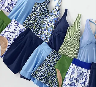 A laydown of various colors, patterns, and styles of mixed and match swim tops and bottoms