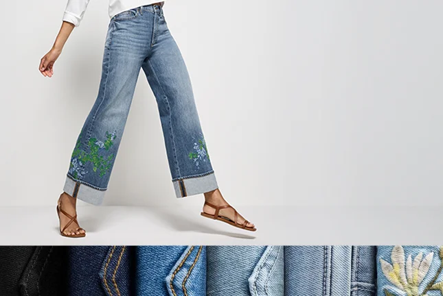 Different types of denim jeans: High Rise Straight Leg, Mid Rise Straight Leg, Mid Rise Baggy Jeans and Mid Rise Relaxed Straight Leg