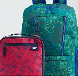 A green backpack and a red lunch box.