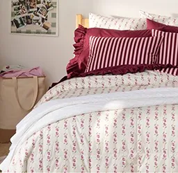 A cream colored comforter and red pillows on a bed.