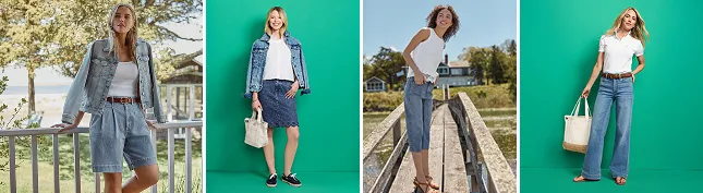 Women wearing denim clothing items like jackets and jeans.