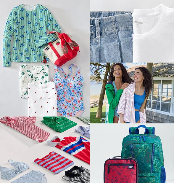 Swimwear in floral patterns, tops in striped patterns, denim pants, bright tops, and backpacks.