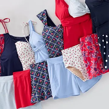 An assortment of mix & matched swim tops and bottoms.