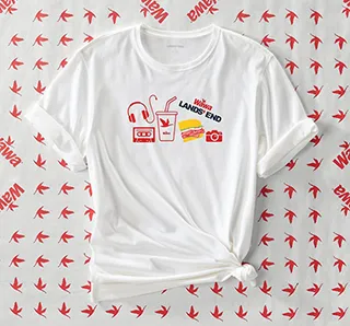 A white t-shirt with a Lands' End x WAWA graphic.