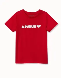 A red t-shirt with the word Amour and a heart on the front.