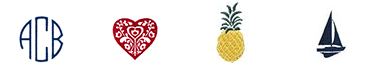 Monogrammed images of initials, a heart, a pineapple, and a sailboat
