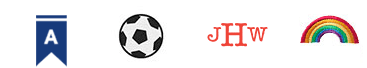 Monogrammed images of a ribbon, a soccer ball, initials, and a rainbow