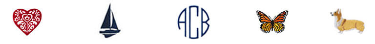 Monogrammed images of a heart, a sailboat, initials, a butterfly, and a dog