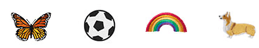 Monogrammed images of a butterfly, a soccer ball, a rainbow, and a dog