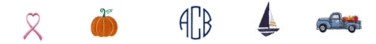 Monogrammed images of a ribbon, a pumpkin, initials, a boat, and a truck