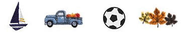 Monogrammed images of a boat, a truck, a soccer ball, and leaves