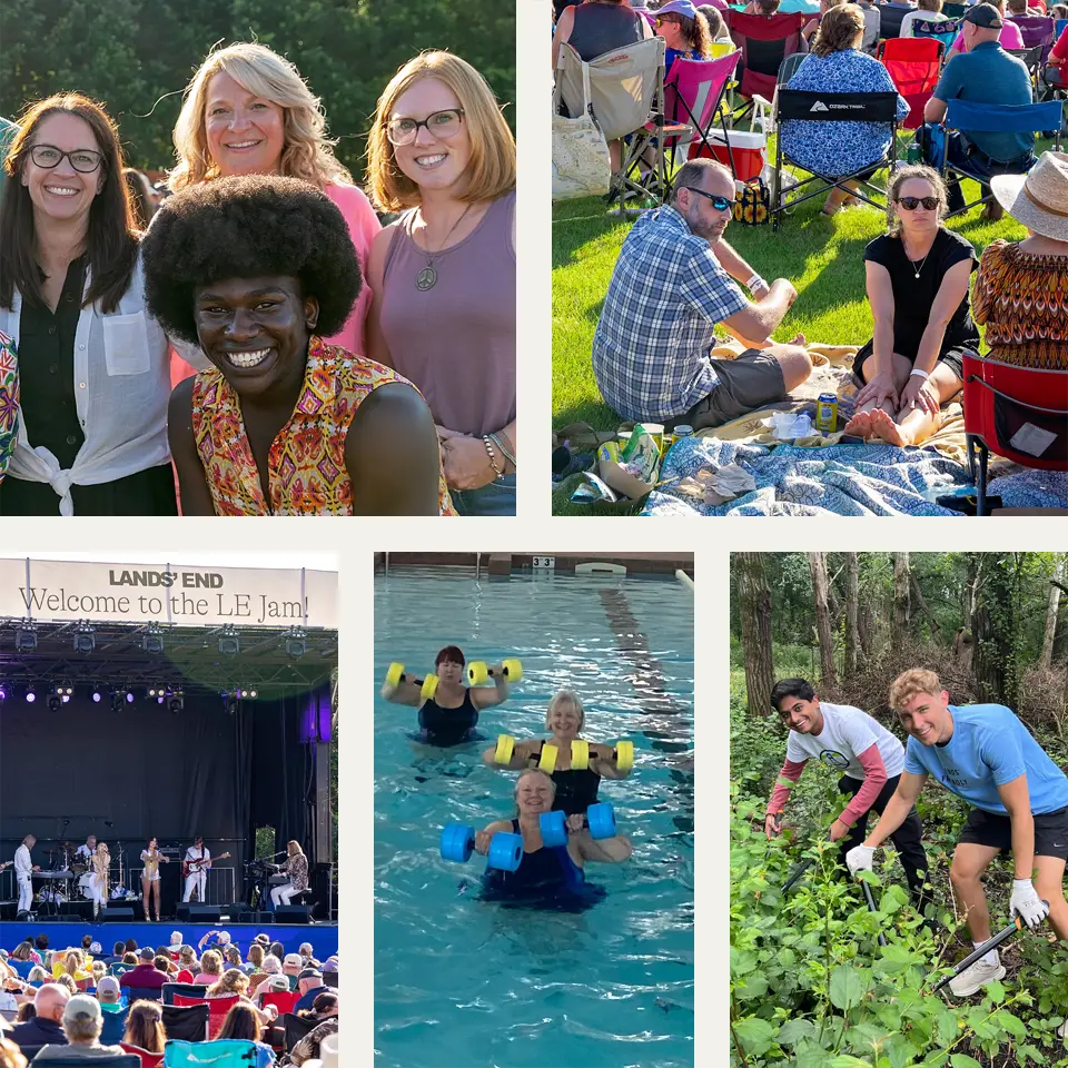 A collage of Lands’ End employees at company events like a concert, swim classes, and volunteering.