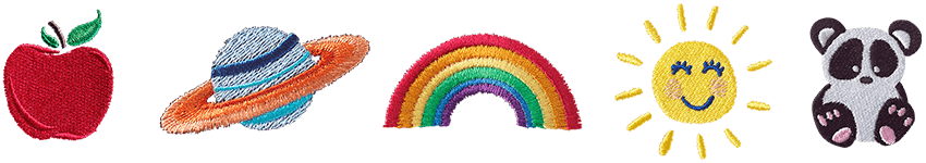 Monograms of an apple, a planet, a rainbow, a sun, and a panda