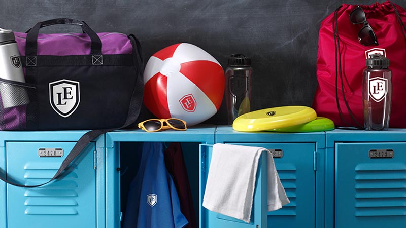 Various school merchandise displayed around lockers.