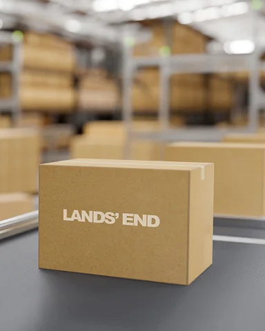 A Lands' End package on a conveyer belt in a warehouse